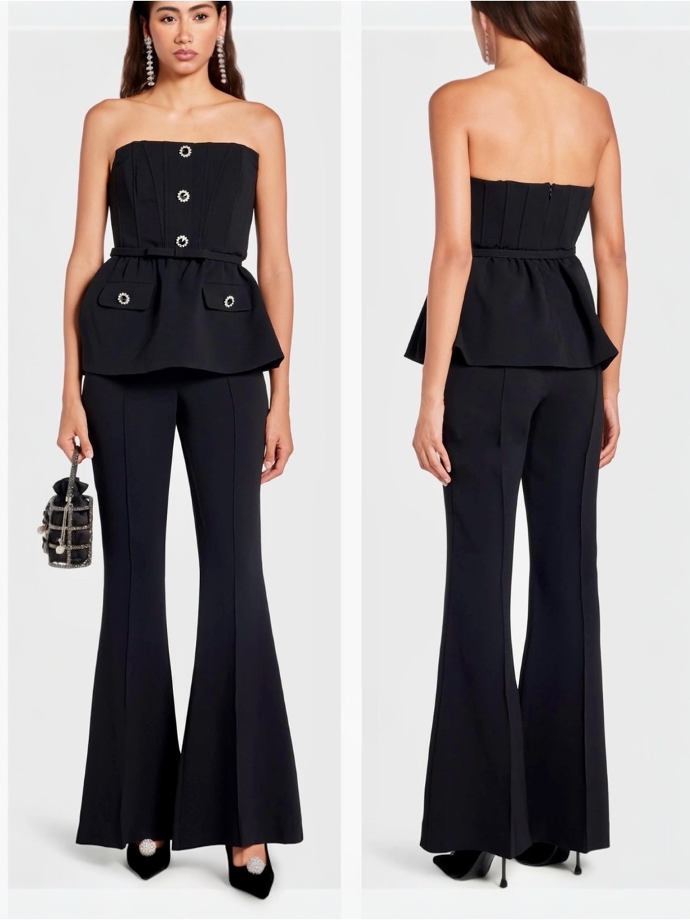 Self-Portrait Women’s Black Strapless Stretch Crepe Peplum Corset Jumpsuit NEW